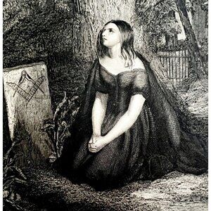 Freemasonry 1859 Masonic Engraving Victorian Widow By Grave Tombstone Art DWY5F